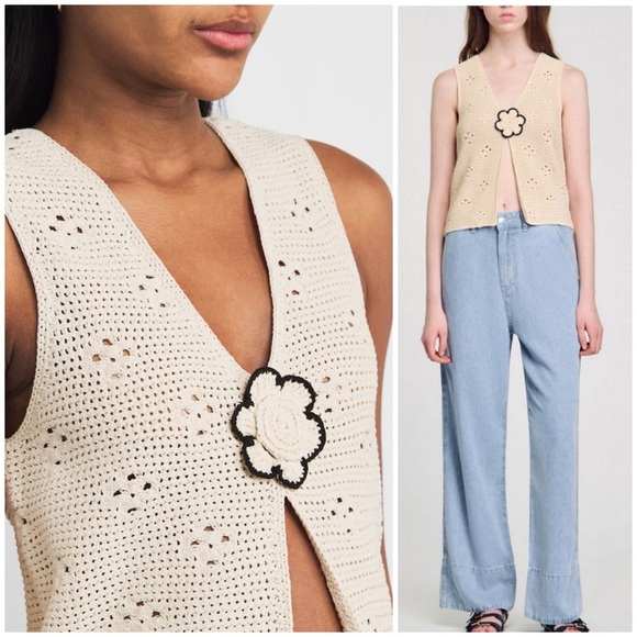 Sandro Crochet Knit Vest with Floral Detail Beige Ecru SZ 1 US 4 S - Picture 3 of 10